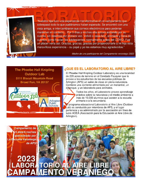 Outdoor Lab Summer Camp brochure in Spanish