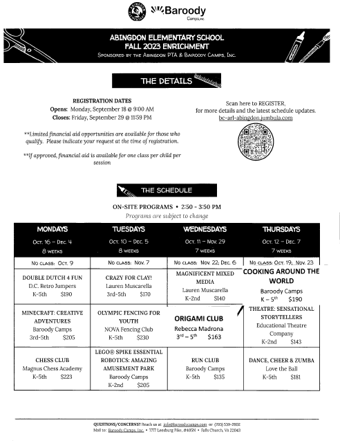 Fall Enrichment flyer in English