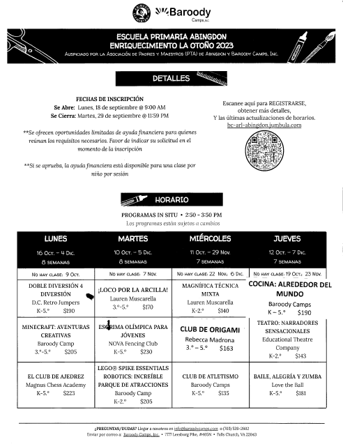 Fall Enrichment flyer in Spanish