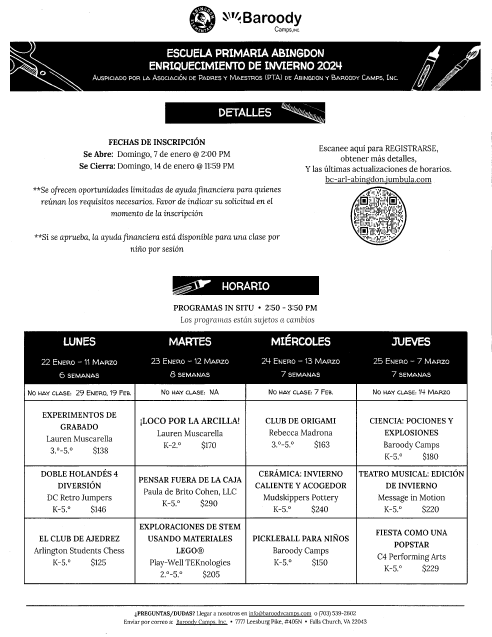 Fall Enrichment flyer in Spanish