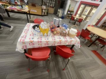 PTA-purchased supplies in the library for teachers to pick up