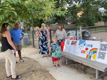 Parents gathering in front of the school for our Tears and Cheers event on the first day of school